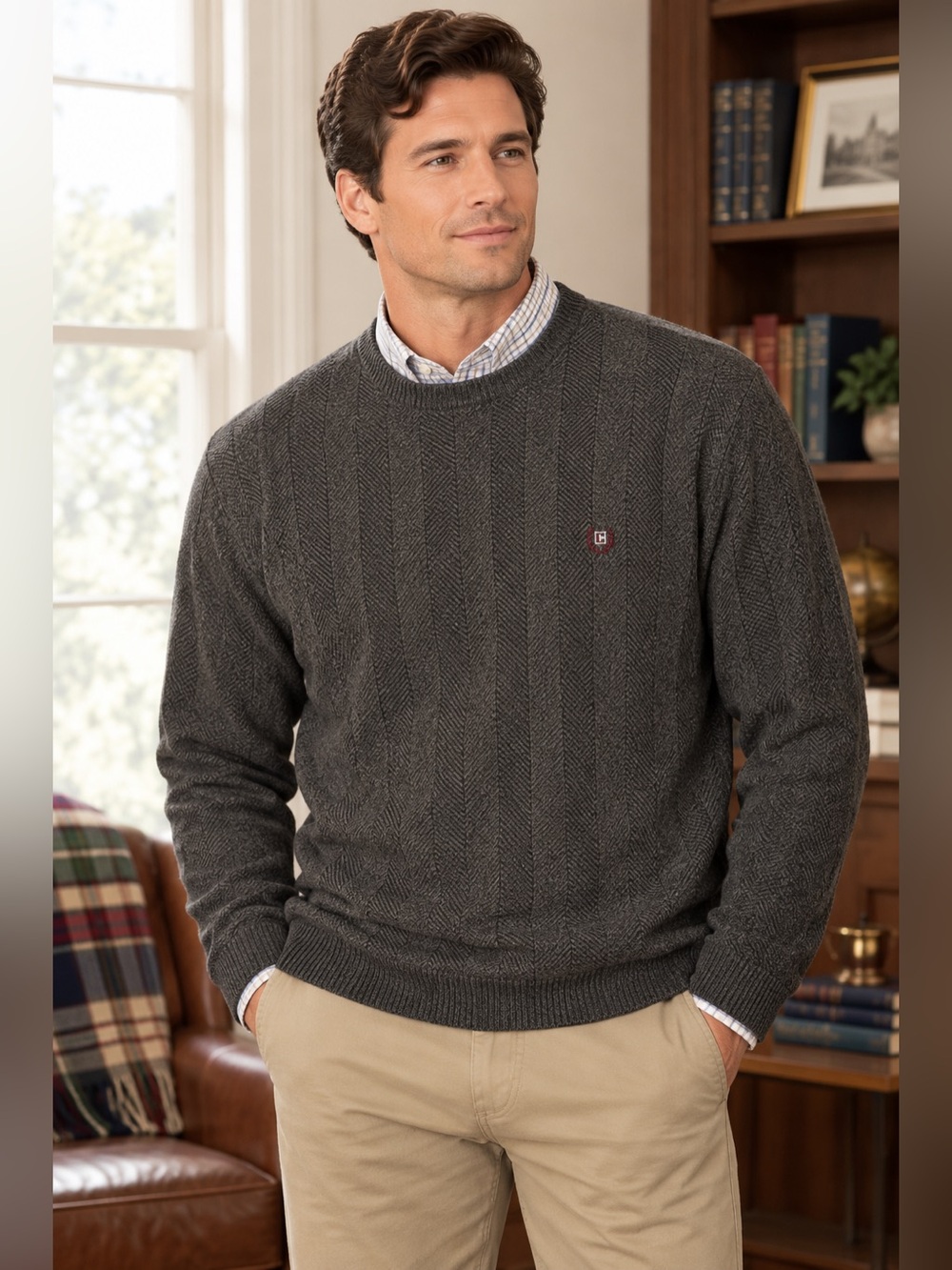 Chap’s Men's Charcoal Chevron Crewneck Sweater Grandpa Grandpa-core Preppy